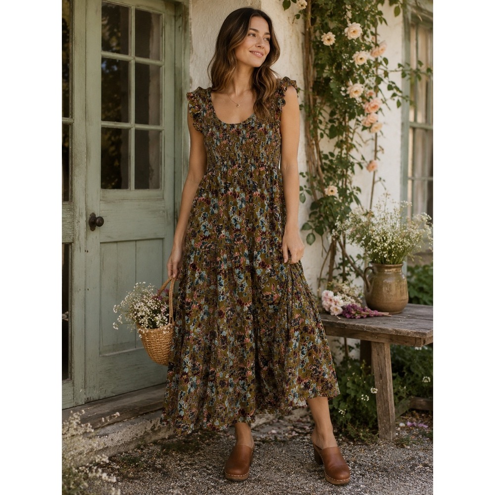 Natural Life Smocked Maxi Dress Women L Floral Boho Tiered Boho Cottage Peasant